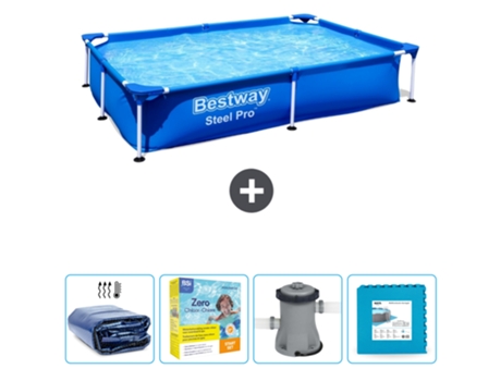 Piscina BESTWAY Rectangular Steel Pro - 221 x 150 x 43 cm - Azul - Incluida Vela solar - Paquete de mantenimiento - Bomba - Baldosas
