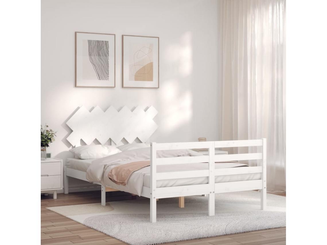 Cama De Matrimonio | Cama Para Adultos | Estructura De Cama Con Cabecero Madera Maciza Blanco 120x200 Cm