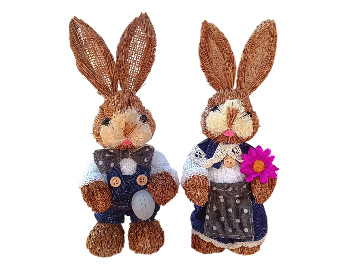 2 Figuras De Conejitos De Paja Hechas A Mano, Adorable Pareja, Adorno De Pascua, Decoración Del Hogar, 23 Cm
