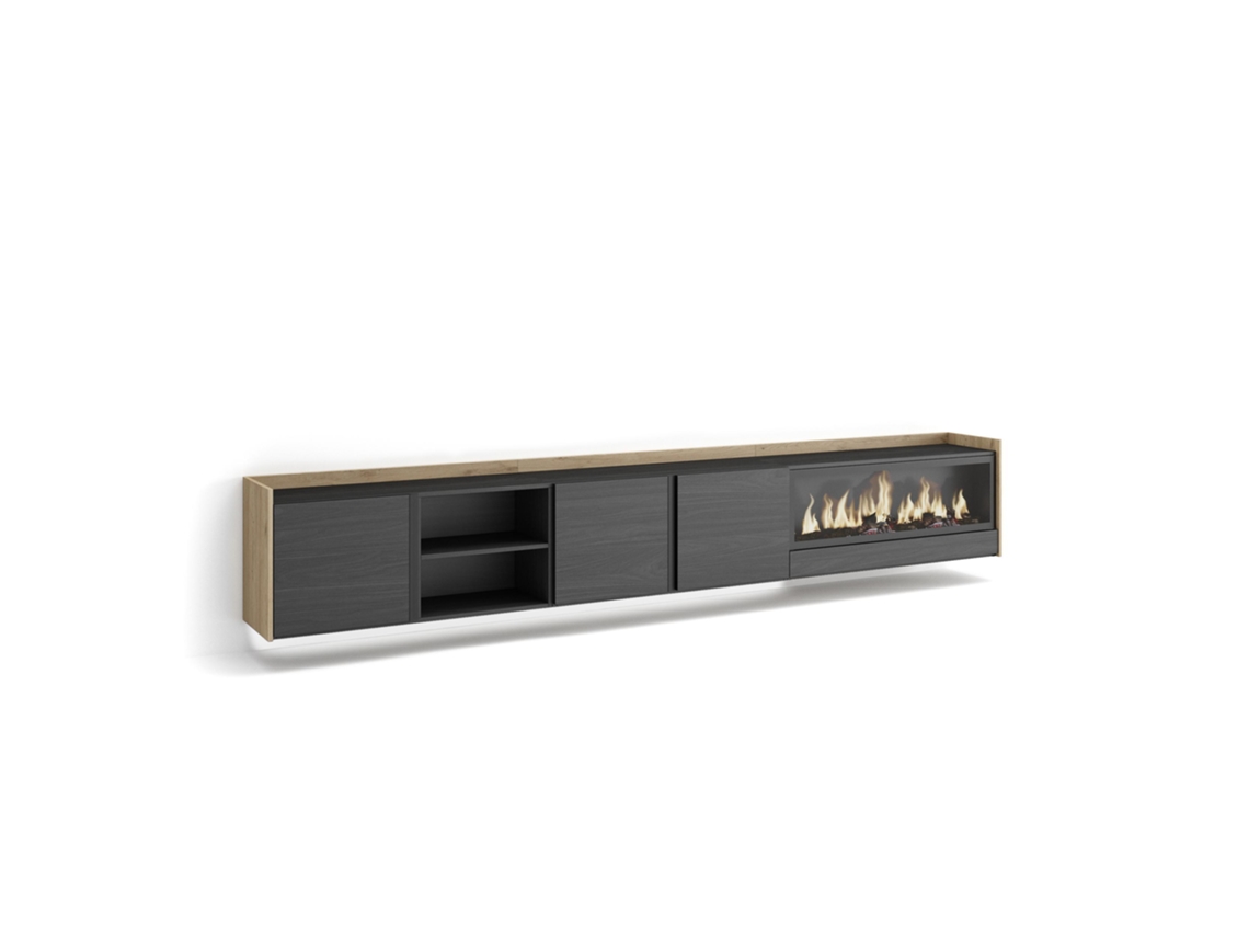 Mueble Tv, Televisión, 315x35x50cm, Para Tv Hasta 80", Chimenea Eléctrica Xxl, Colgado, Suspendido, Led, Negro Y Roble