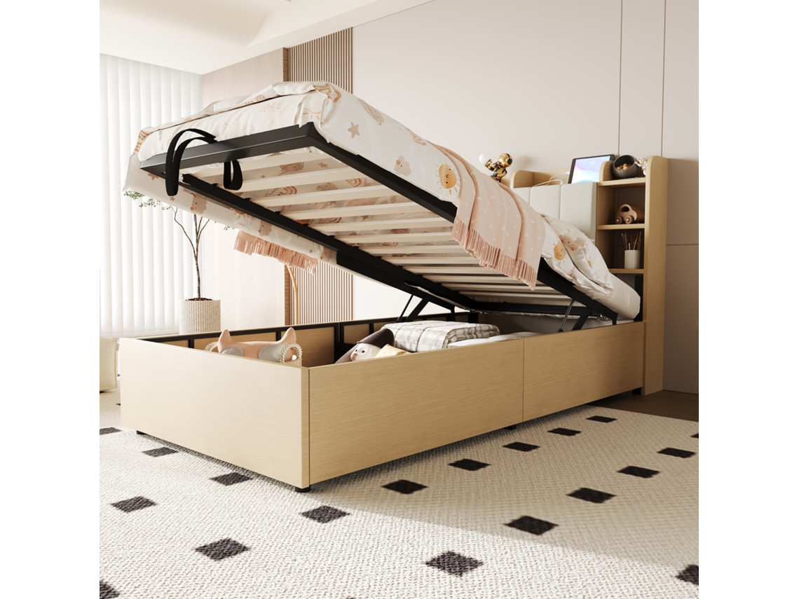 Cama Individual De 90x200 Cm, Hidráulica, Usb-c, Madera Natural, Sin Colchón.
