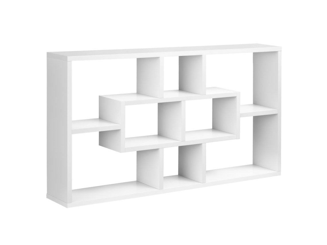 Estantería mural con 8 compartimentos, 3 tamaños, paneles antivuelco blancos, dimensiones de los estantes 85x14,5x47,5 cm, capacidad de 20 kg.
