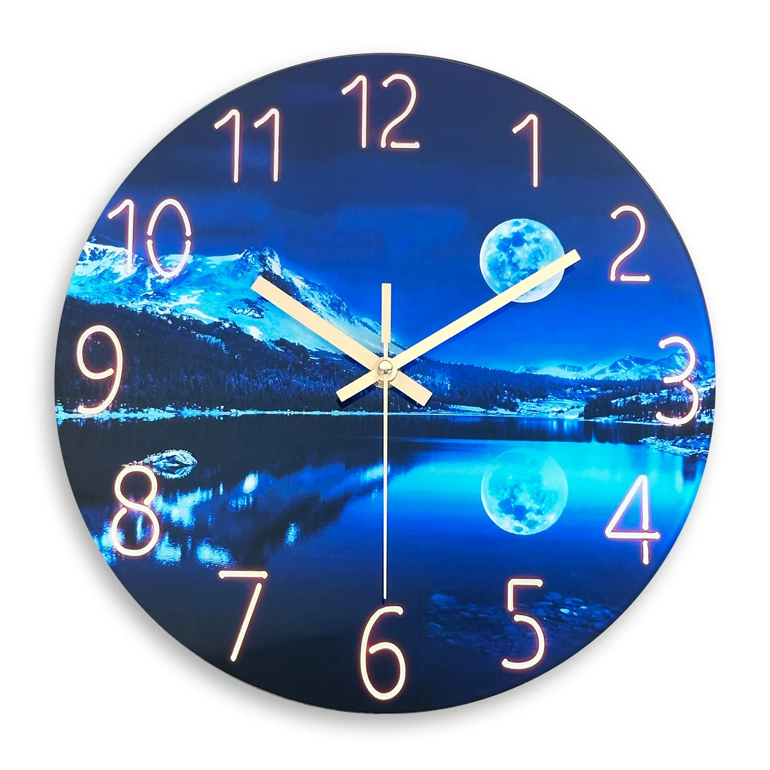 Reloj de pared de vidrio templado con diseño de iceberg, luna, bosque y luna azul (16 pulgadas) de Creative Blue Moon Iceberg Moon Glass.