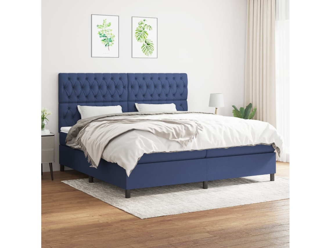 Cama Box Spring Con Colchón Tela Azul 200x200 Cm