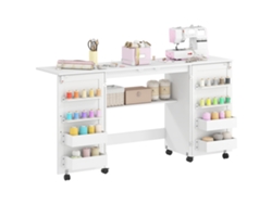 Mesa Plegable Para Máquina De Coser Con Estantes, 20 Clavijas, Ruedas Con Bloqueo, Color Blanco.
