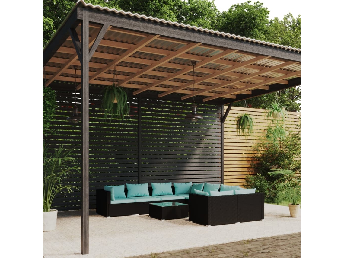 Conjunto de jardín DKD Home Decor de 9 piezas con cojines de mimbre negros