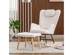 Mecedora Relax en peluche con reposacabezas y reposapiés, base de madera robusta, ideal para salones blancos.