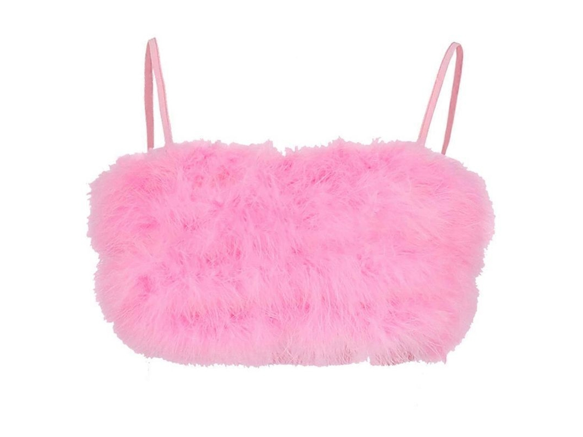 Top Crop Mujer Sexy Con Cintas Finas Plumas Fluffy Camiseta Bralette Blanco Talla L Rosa S