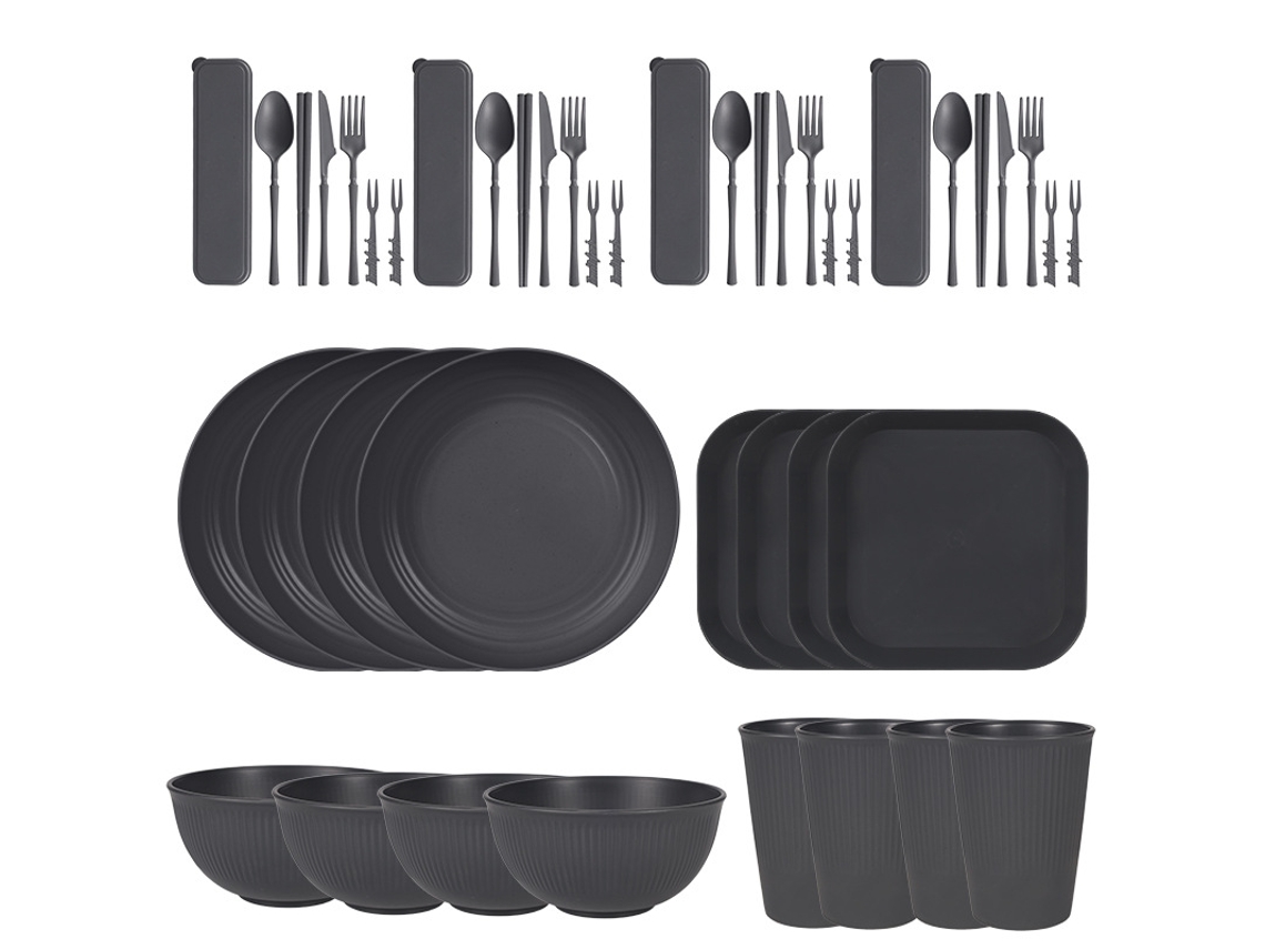 Juego de cubiertos de paja de trigo de 44 piezas, platos y cuencos reutilizables resistentes, gris oscuro Digitallab