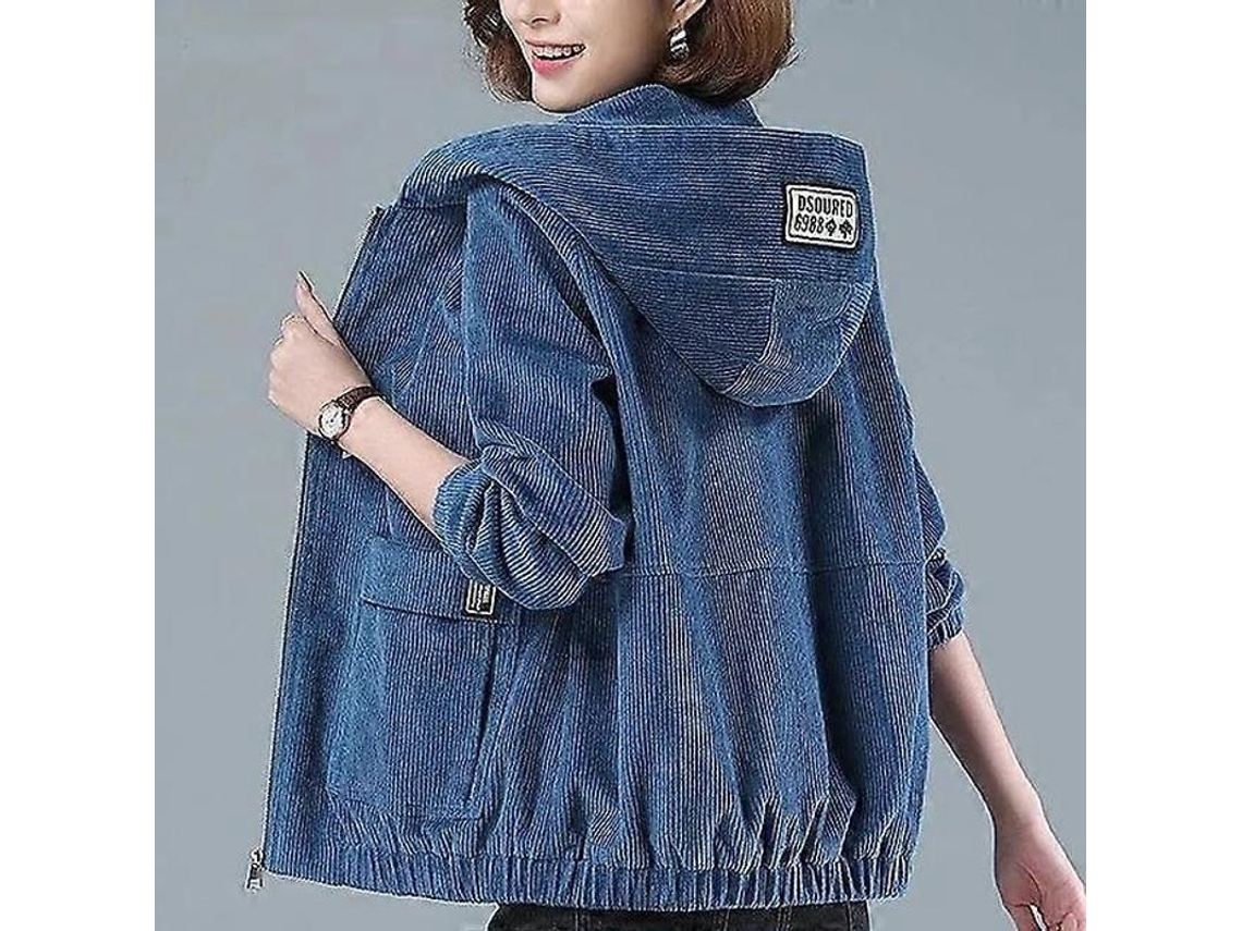 2026-abrigo Corto De Pana Para Mujer Primavera Otoño Coreano Suelto Con Capucha Cremallera Casual Moda L Azul