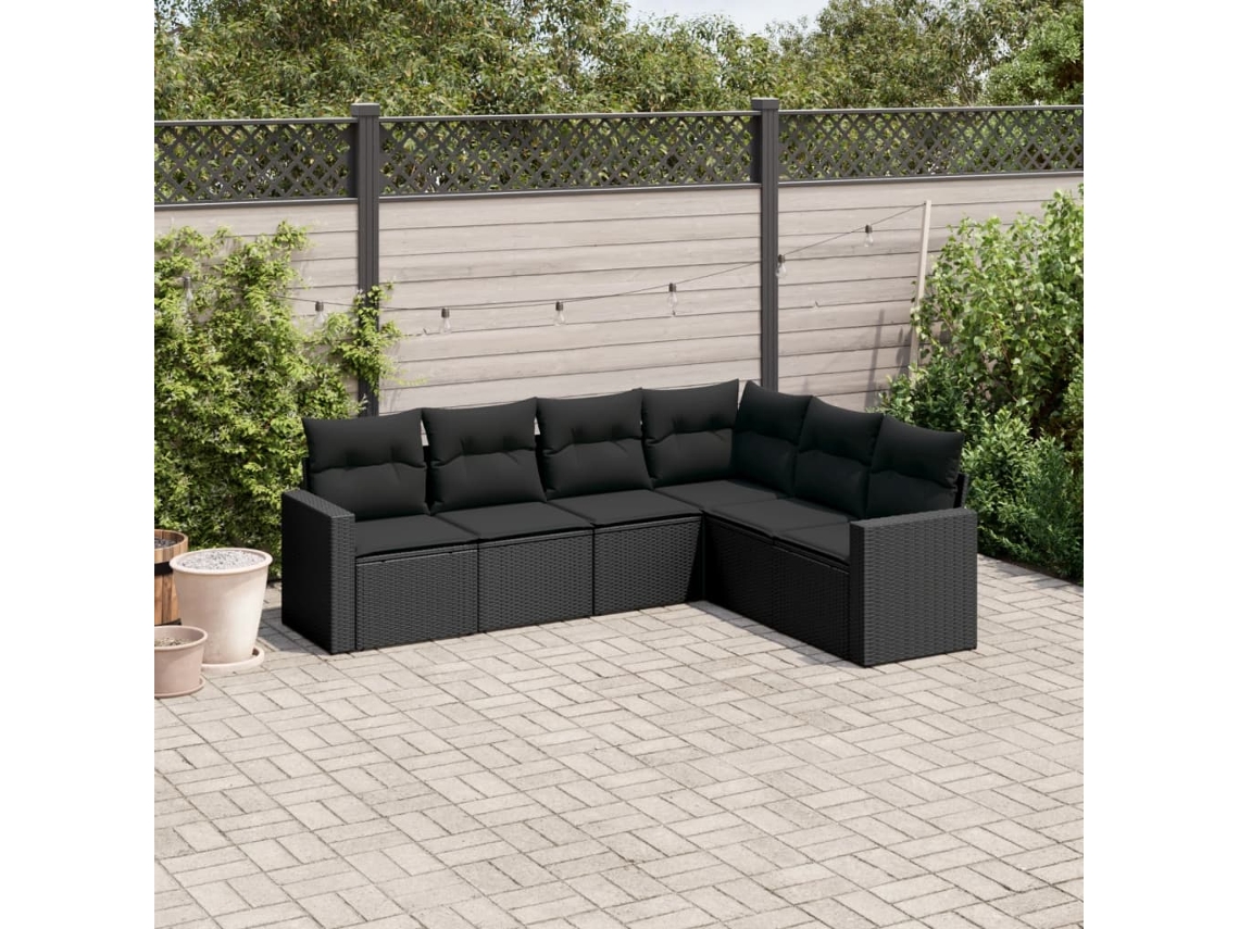 Conjunto de sofá de jardín de 6 piezas con cojines, mimbre sintético negro, DKD Home Decor