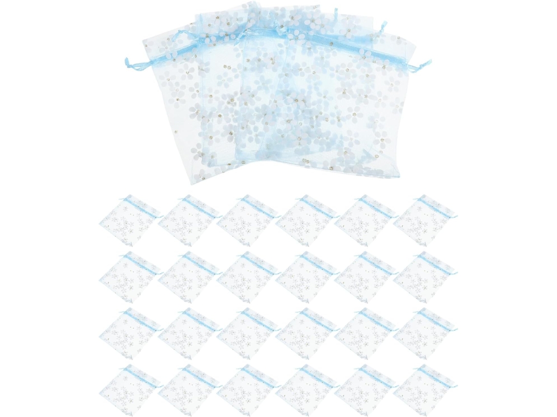 Paquete De 50 Bolsas De Organza De 10 X 12 Cm, Transparentes, Blancas Con Estampados Florales Plateados.