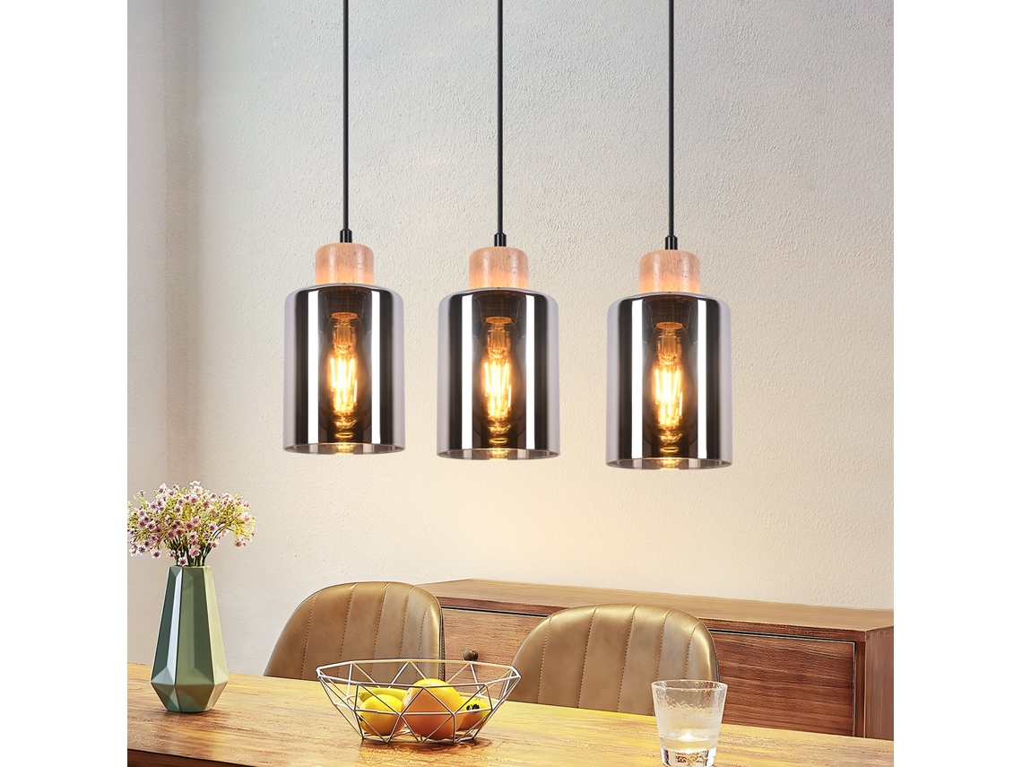 Zmh Lámpara Colgante Vintage De Madera Para Mesa De Comedor, 3 Luces, E27, Estilo Industrial.