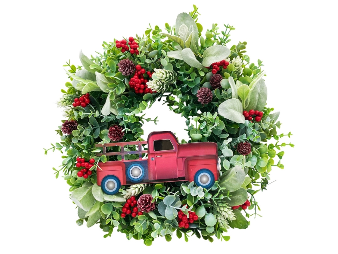 Corona Navideña Artificial Con Camión Rojo, Bahías Y Piñas Para La Decoración Exterior E Interior De La Puerta Principal.