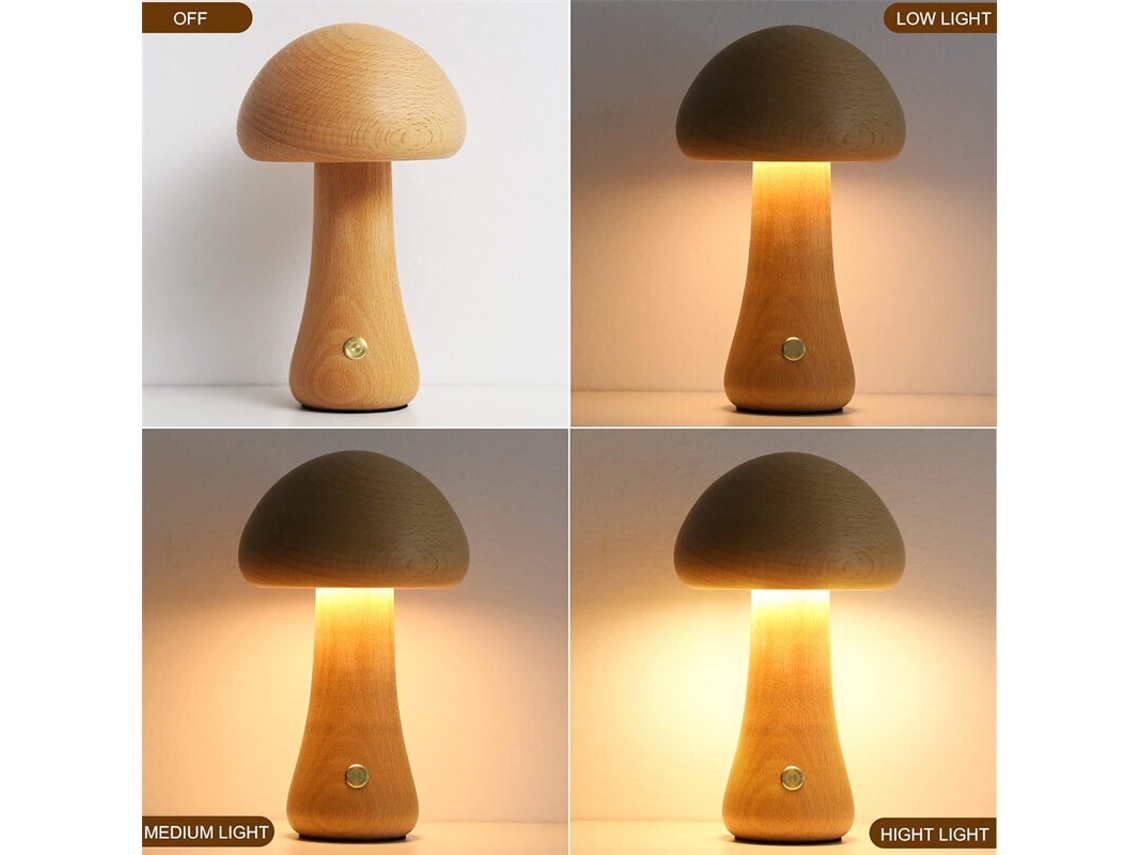 Luz nocturna LED S recargable de 800 mAh con interruptor táctil, lámpara de mesa de madera con bonitos hongos para dormitorio infantil.