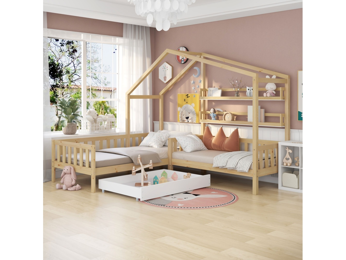 Cama de madera maciza de 90 x 200 cm y 140 x 70 cm con cajones y estantes, estructura de láminas naturales.