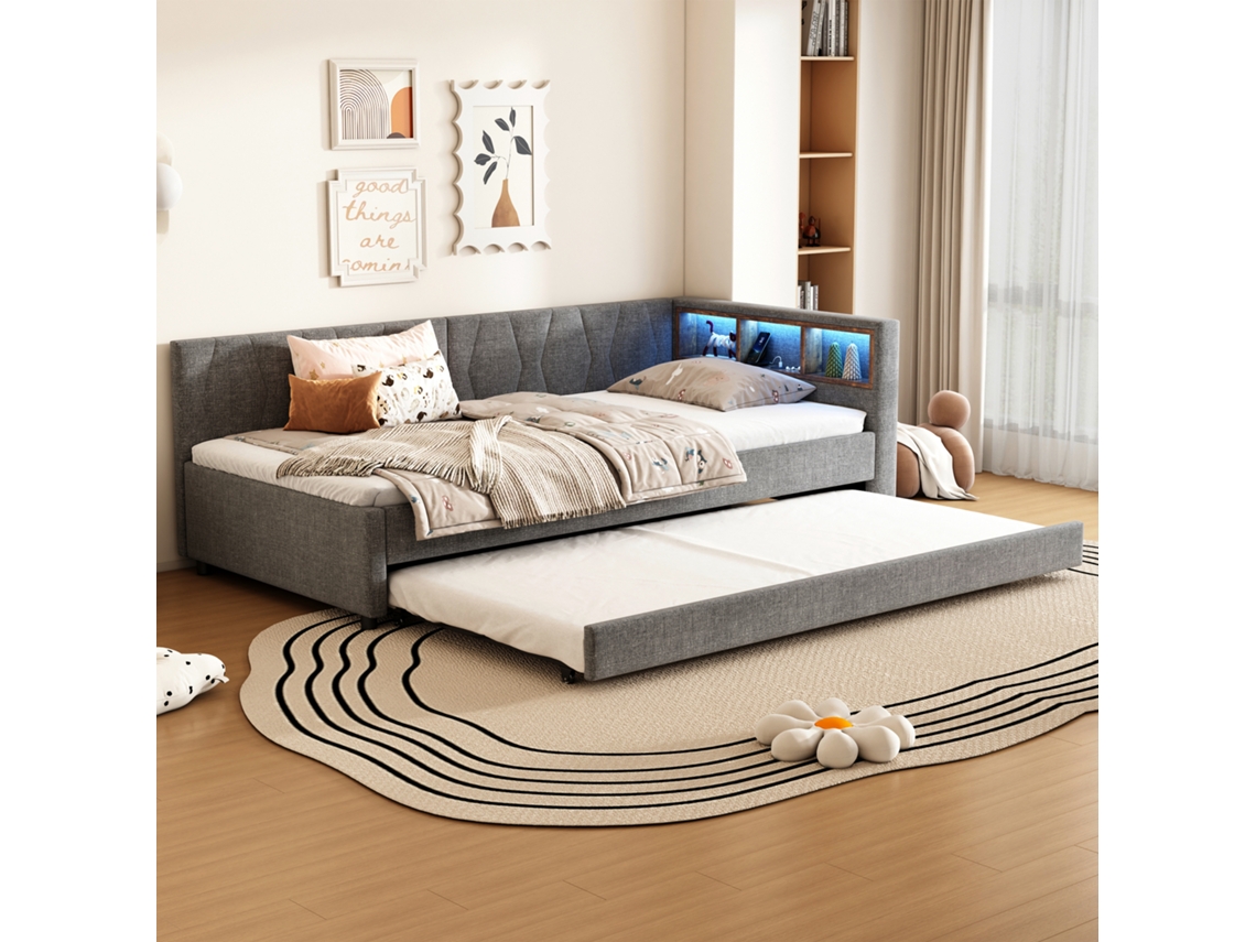 Sofá Cama De 90x200 Con Cama Extraíble, Usb-c Led, Lamas Grises