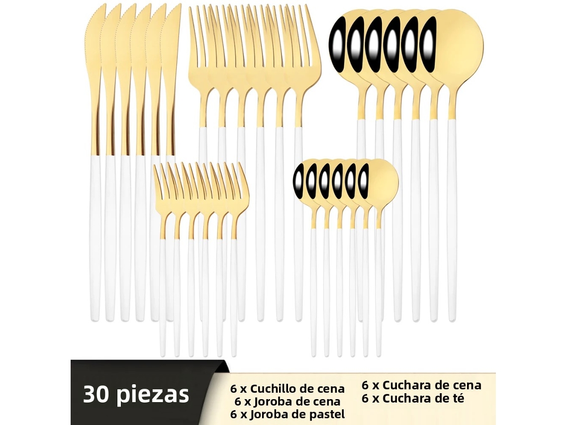 Juego de cubiertos de acero inoxidable (platino) de 30 piezas: cuchillo, tenedor, cuchara, cubiertos y utensilios de plata.
