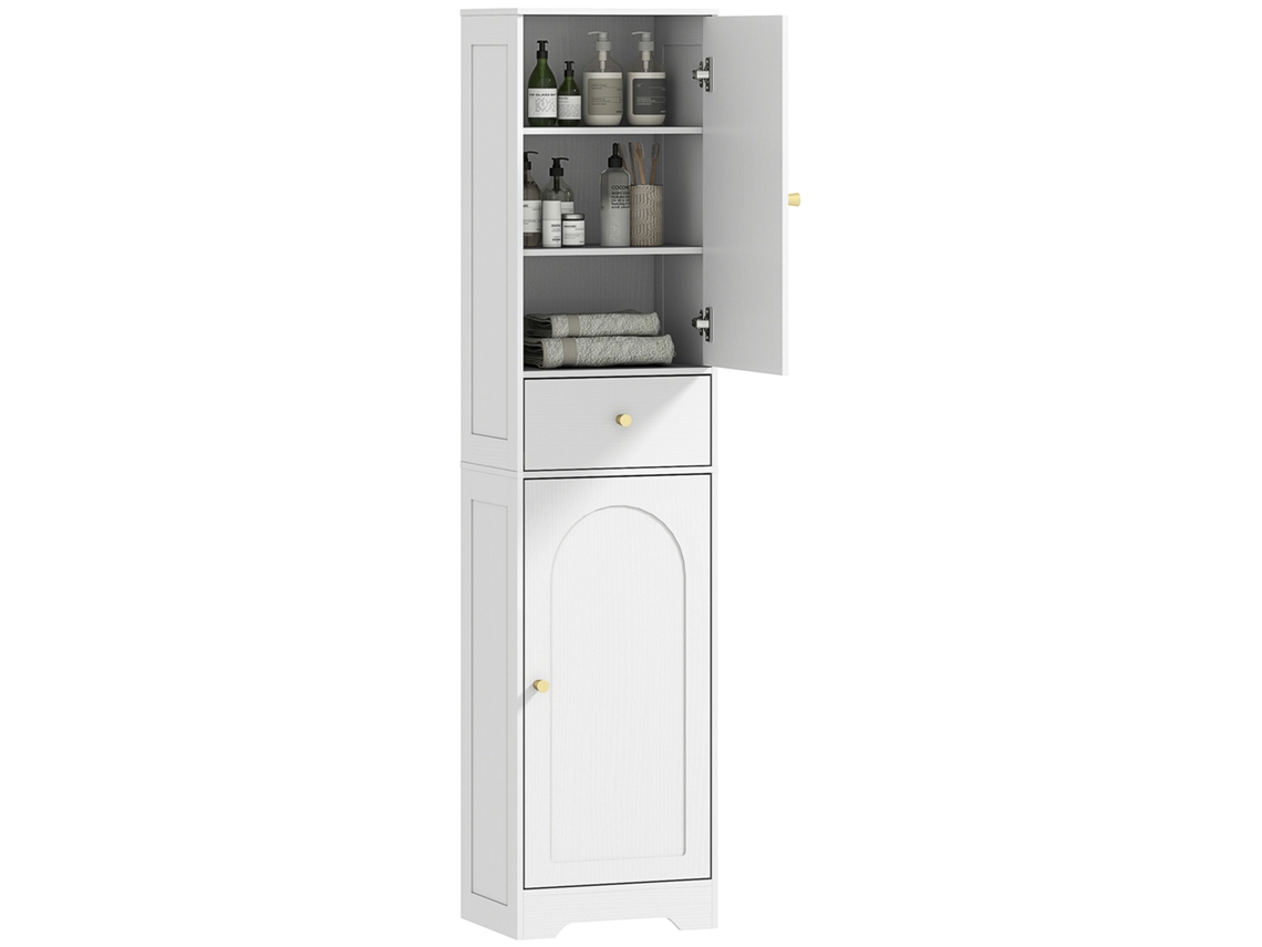 Armario Alto De Baño, Mueble De Almacenamiento Con Cajones Y Estantes Ajustables, 40x29,5x170cm, Blanco