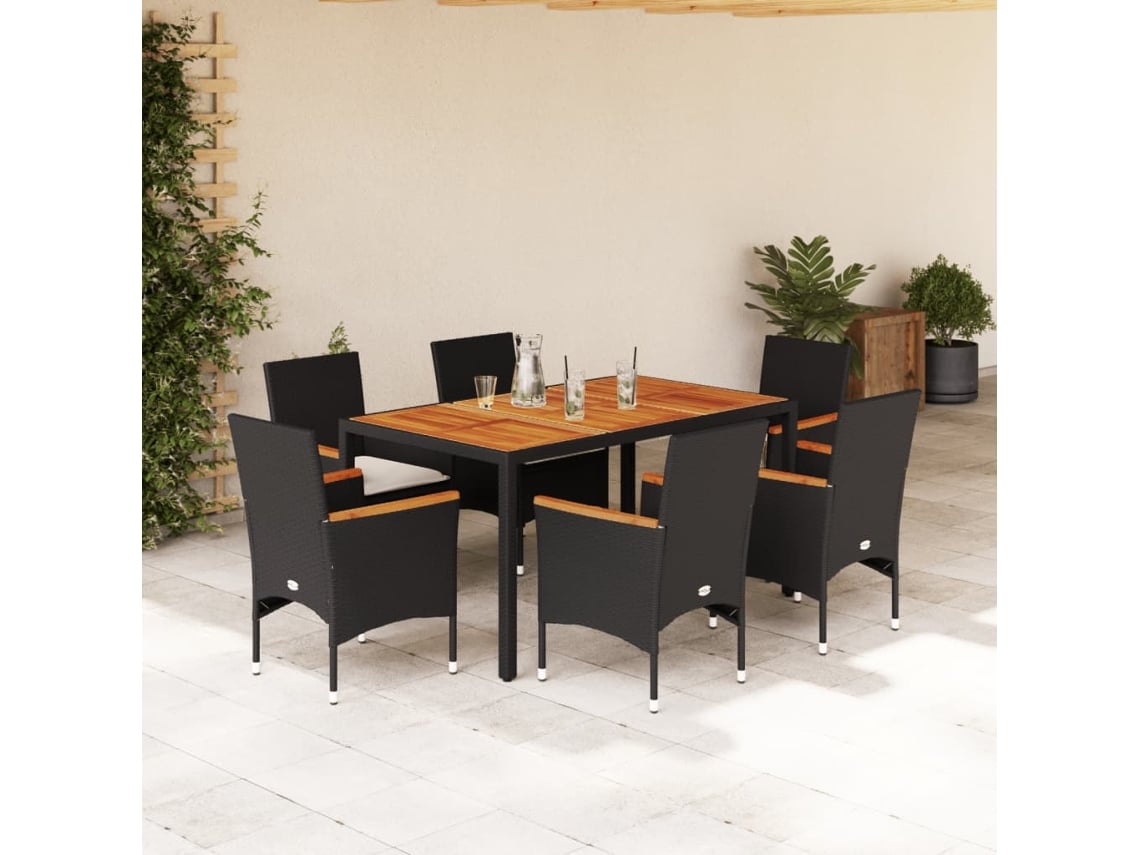 Juego de comedor de jardín de 7 piezas con cojines, mimbre de acacia negro, Dkd Home Decor