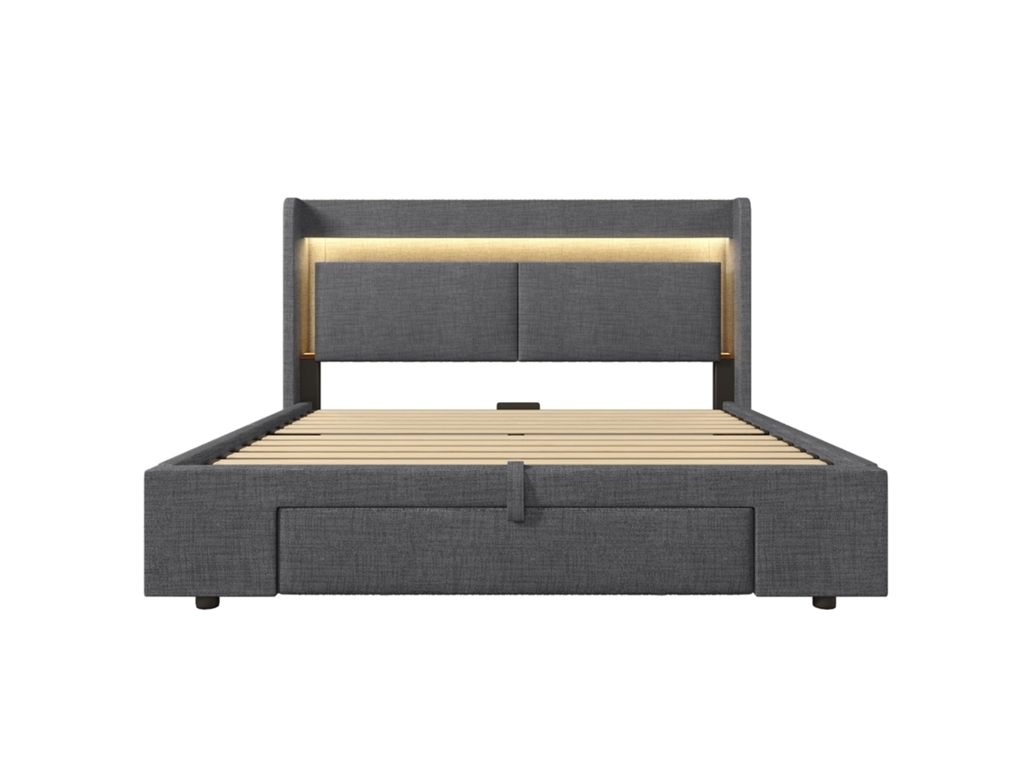 Cama Tapizada 160x200 - Con Almacenamiento Hidráulico, Cabecero Con Led Y Usb - Gris