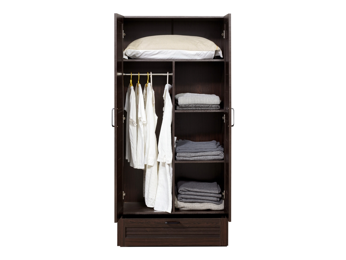 Armario Ropero Finning (2 puertas 1 perchero 4 compartimentos 1 cajón) MDF 176 x 80 x 52 cm Efecto nogal oscuro [EN.CASA]