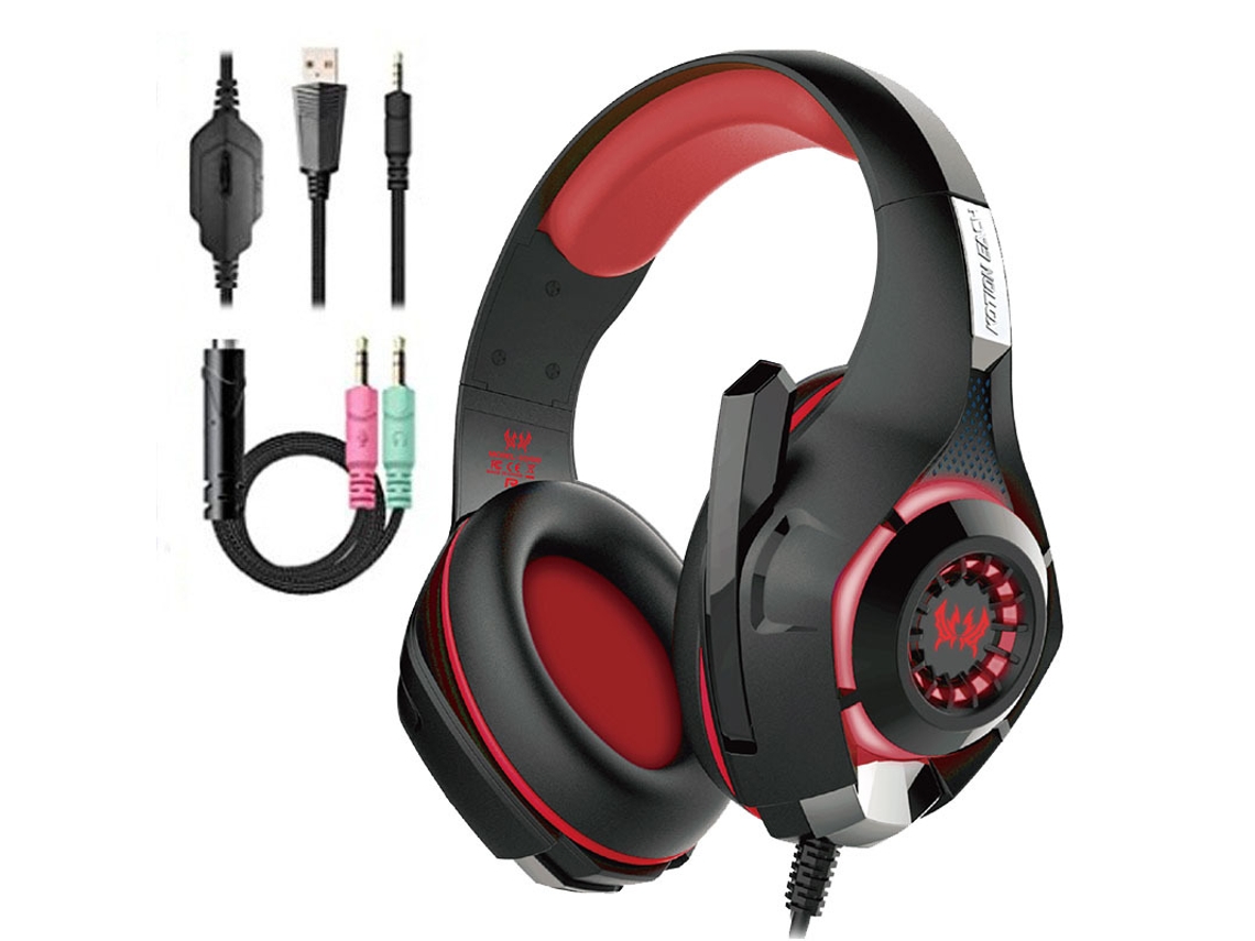 Auriculares para juegos Beexcellent GS400 (negro/rojo) con cable adaptador [Compatible con teléfonos y ordenadores de 3,5 mm]