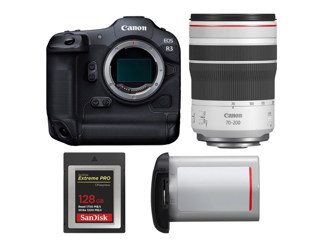 Canon EOS R3 + RF 70 200mm F/4 L IS Usm + 1 Sandisk 128GB Extreme Pro CFExpress Tipo B + Canon LP e19 + Libro electrónico “20 consejos para fotos impresionantes”