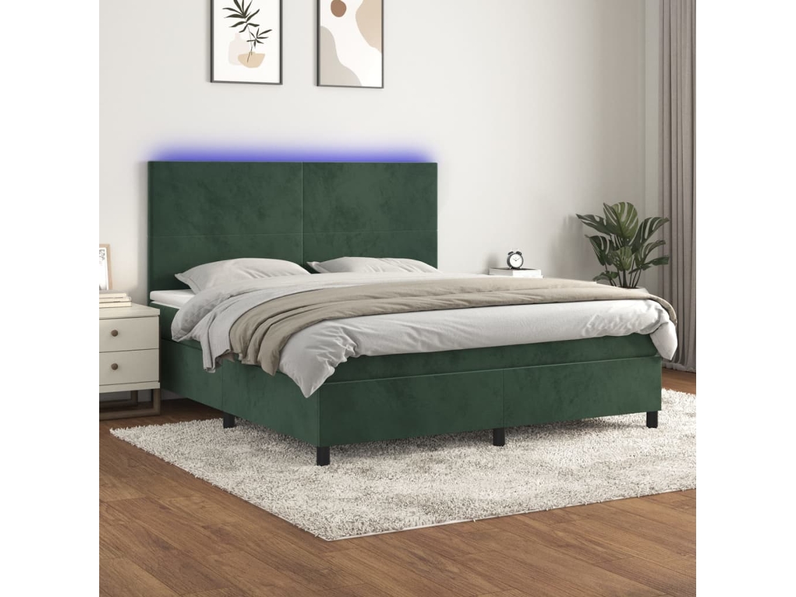 Cama Box Spring Colchón Y Led Terciopelo Verde Oscuro 160x200cm