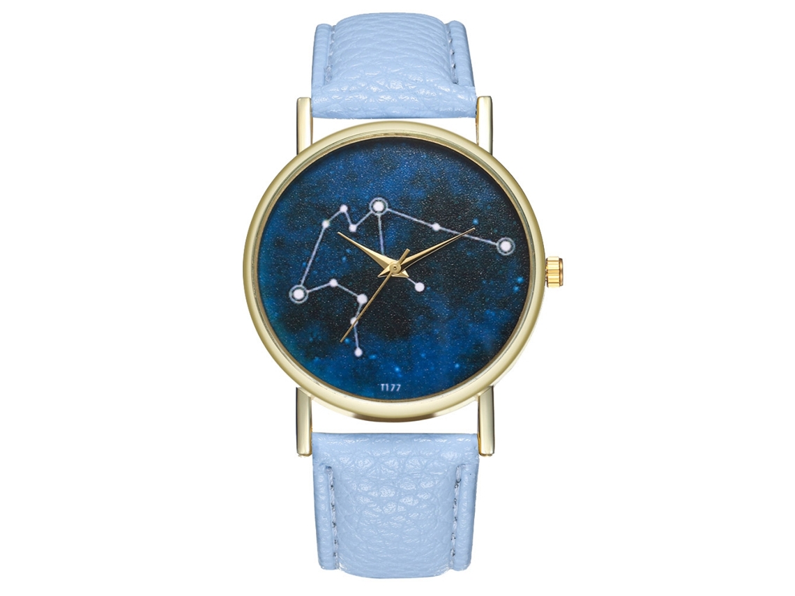 Reloj De Pulsera Unisex De Cuarzo Con Esfera De Cielo Estrellado Y Correa De Cuero Azul Claro.