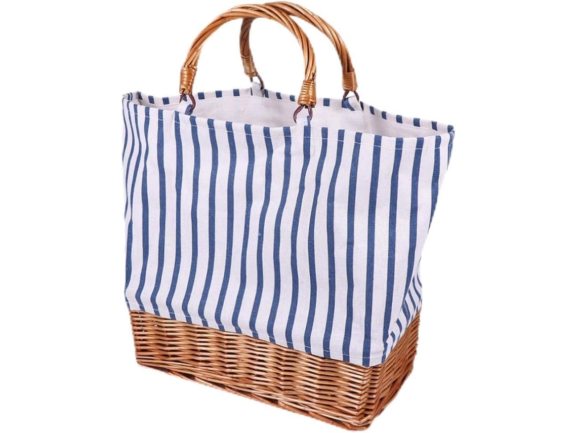 Bolso Tote Para Mujer En Lino Y Algodón Azul Con Tejido De Ratán, Fácil De Limpiar, Diseño