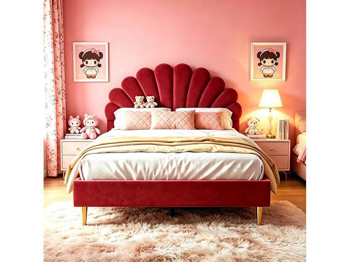 Cama Con Cabecero, Cama Acolchada 140x200, Cama Infantil Con Forma De Flor, Para Adolescentes Y Adultos, Sin Colchón, Terciopelo Rojo