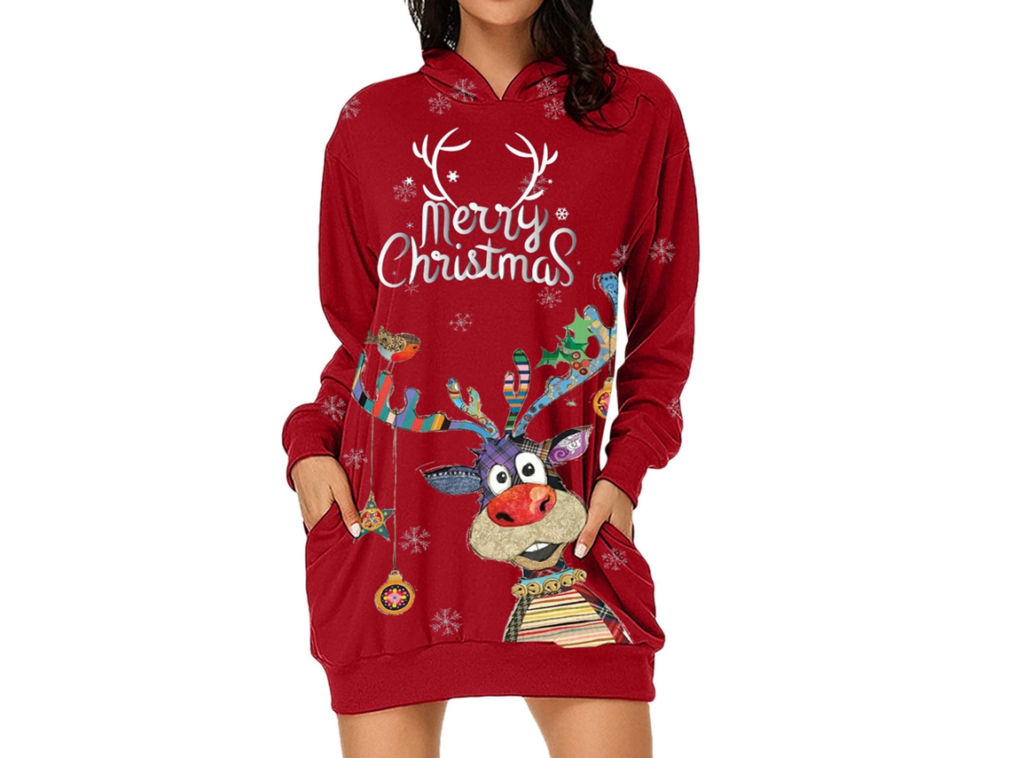 Vestido Sudadera Con Capucha Para Mujer Impreso Navideño Manga Larga Holgado Casual Rojo Elk M