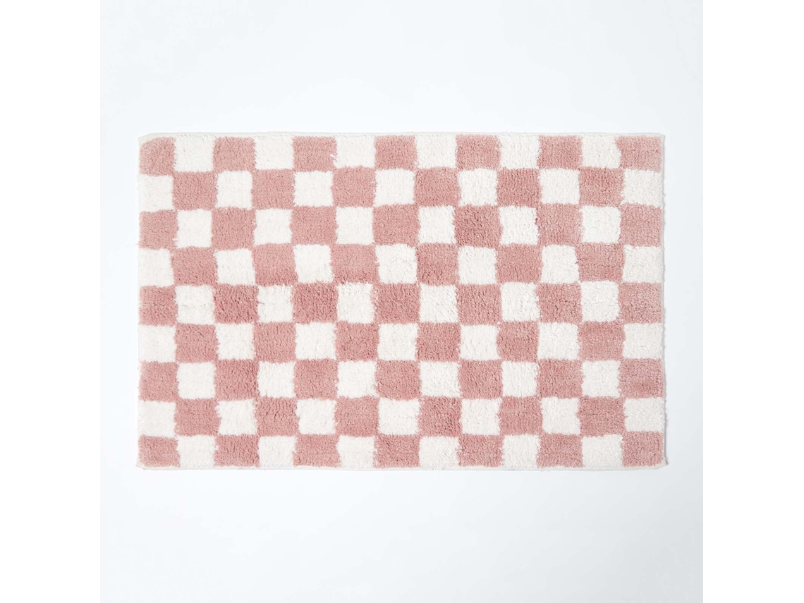Homescapes Pink White Check 100 Cotton Non Slip Bath Mat