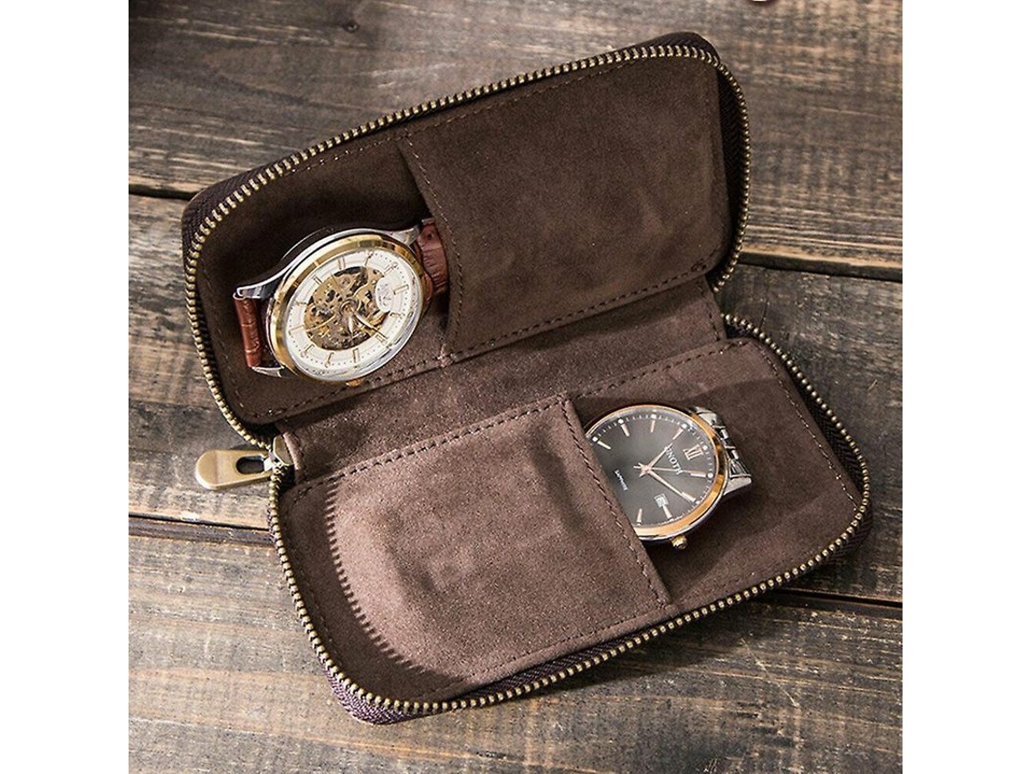 Estuche De Viaje De Piel Auténtica Para Relojes Con 2 Compartimentos Para Guardar Y Exhibir.