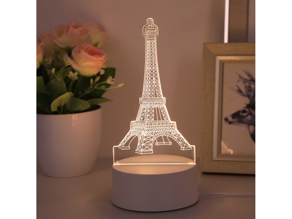 Luz nocturna 3D de la Torre Eiffel, acrílica monocromática, luz LED decorativa para dormitorio y oficina. Color blanco. Viewleaf