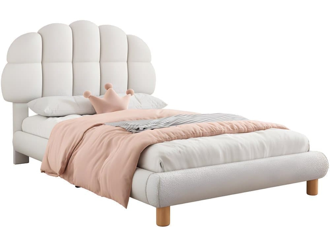 Cama Infantil Individual 90x200cm Tapizada En Tejido De Rizo Francés - Cabecero En Forma De Malvavisco - Con Somier De Láminas De Mdf - Blanco