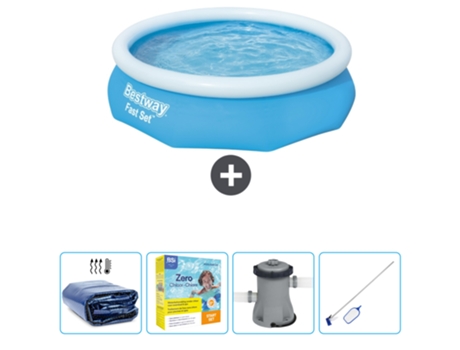 Piscina Hinchable Redonda Fast Set BESTWAY - 305 x 76 cm - Azul - Incluida Vela solar - Paquete de mantenimiento - Bomba - kit de limpieza