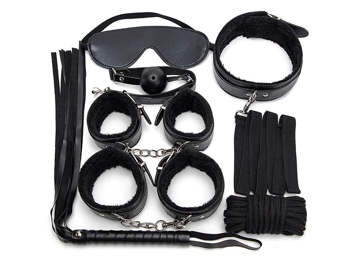Kit De Cuero De 7 Piezas Para Adultos: Esposas, Látigos, Pelota, Cuerda, Collar Bdm.