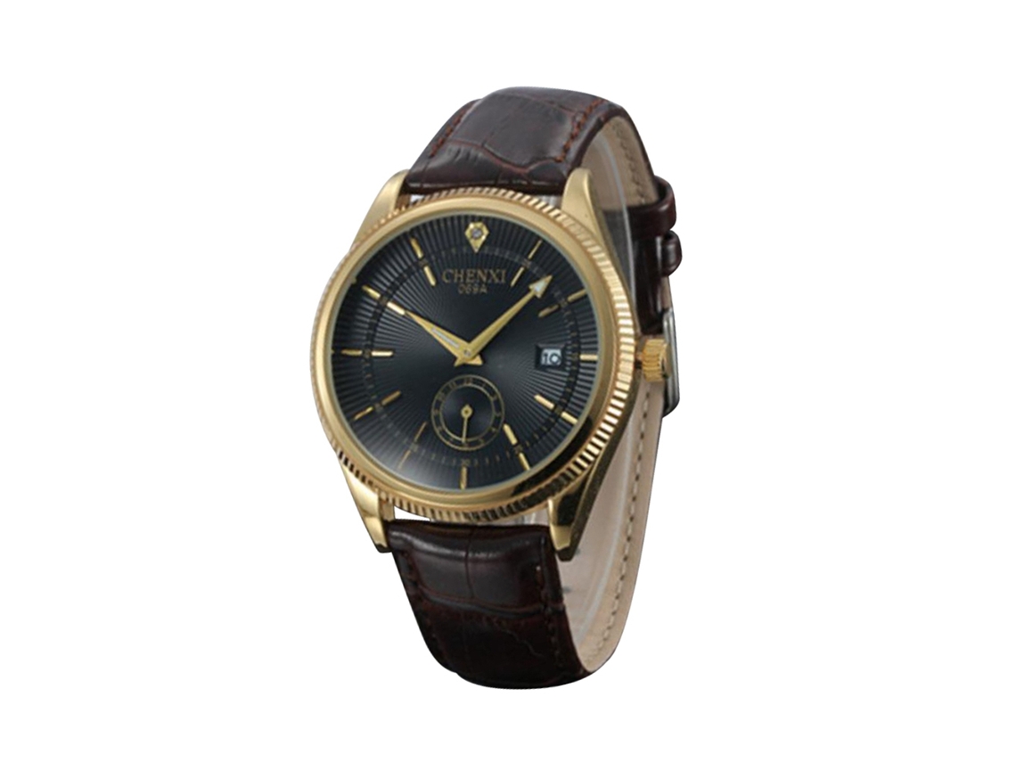 Reloj De Pulsera Hombres Moda Cuero Pu Redondo Quartz Negra Dorada
