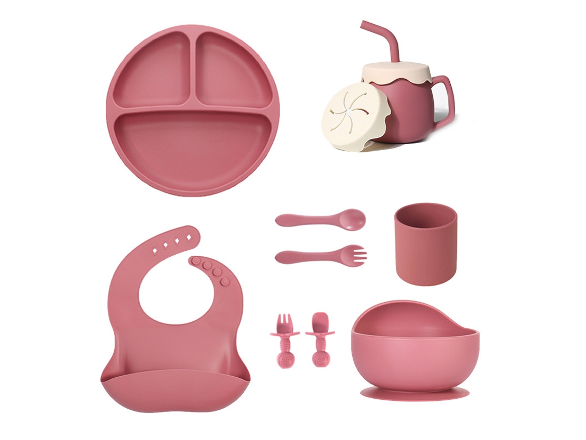 Juego De Vajilla Infantil De 10 Piezas, Plato De Silicona Con Ventosa. Rosa Oscuro Czhhmart