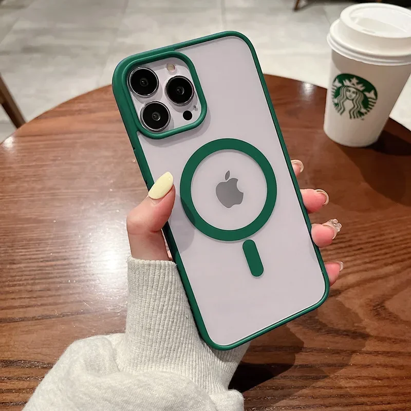 (iphone 14, Verde Oscuro) Funda Magnética Magsafe Para Iphone Con Carga Inalámbrica, Acrílico Rígido.