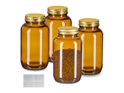 Frascos Relaxdays, Conjunto De 4, 400 Ml, Com Tampa E Etiquetas, Para Ervas, Medicamentos E Especiarias, Castanho/golden
