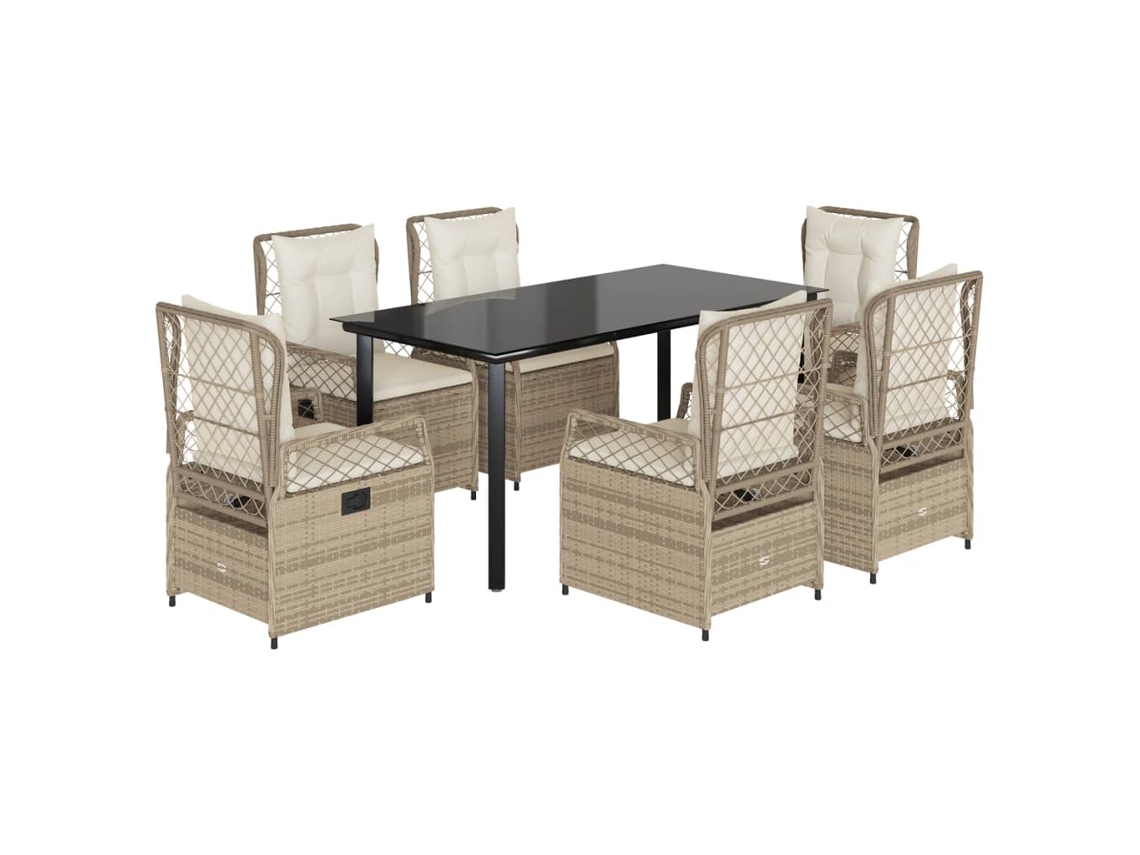 Juego de 7 piezas de comedor de jardín con cojines de mimbre, beige, EXCLUSIVA MAISON