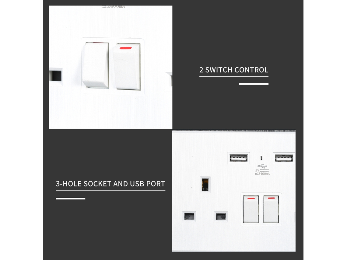 Enchufe De Pared Doble De 13 A Con 2 Puertos Usb, Interruptor Estándar Británico De 5 V Y 2,4 A, Color Blanco.