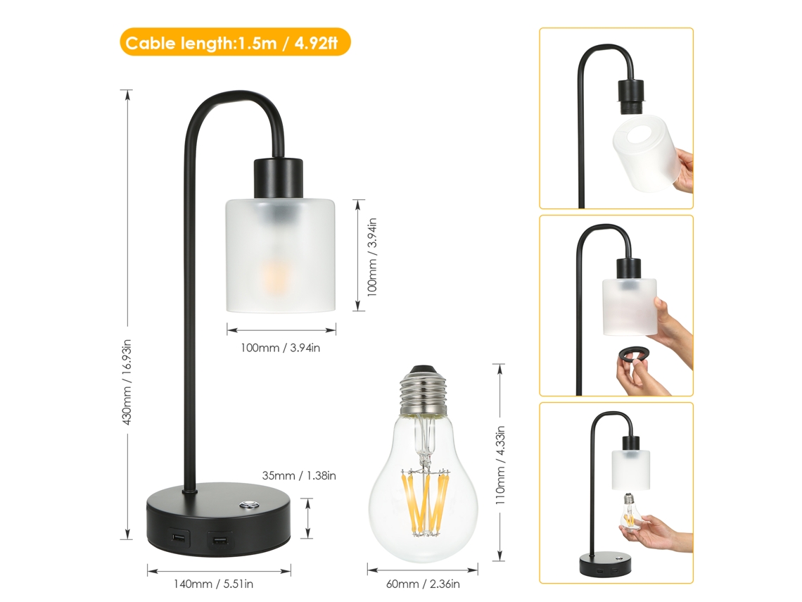Rebe-lámpara De Mesa Industrial Con 2 Puertos Usb 2.1a, Control Táctil, Regulable, Lámpara De Noche Vintage, Bombilla 8w Incluida