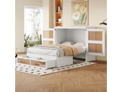 Cama Murphy 140 X 200 Cm, Cama De Pared, Con Cajones De Almacenamiento, Diseño De Ratán, Blanco
