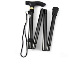Bastón de viaje plegable y ajustable de aluminio con base de goma antideslizante.