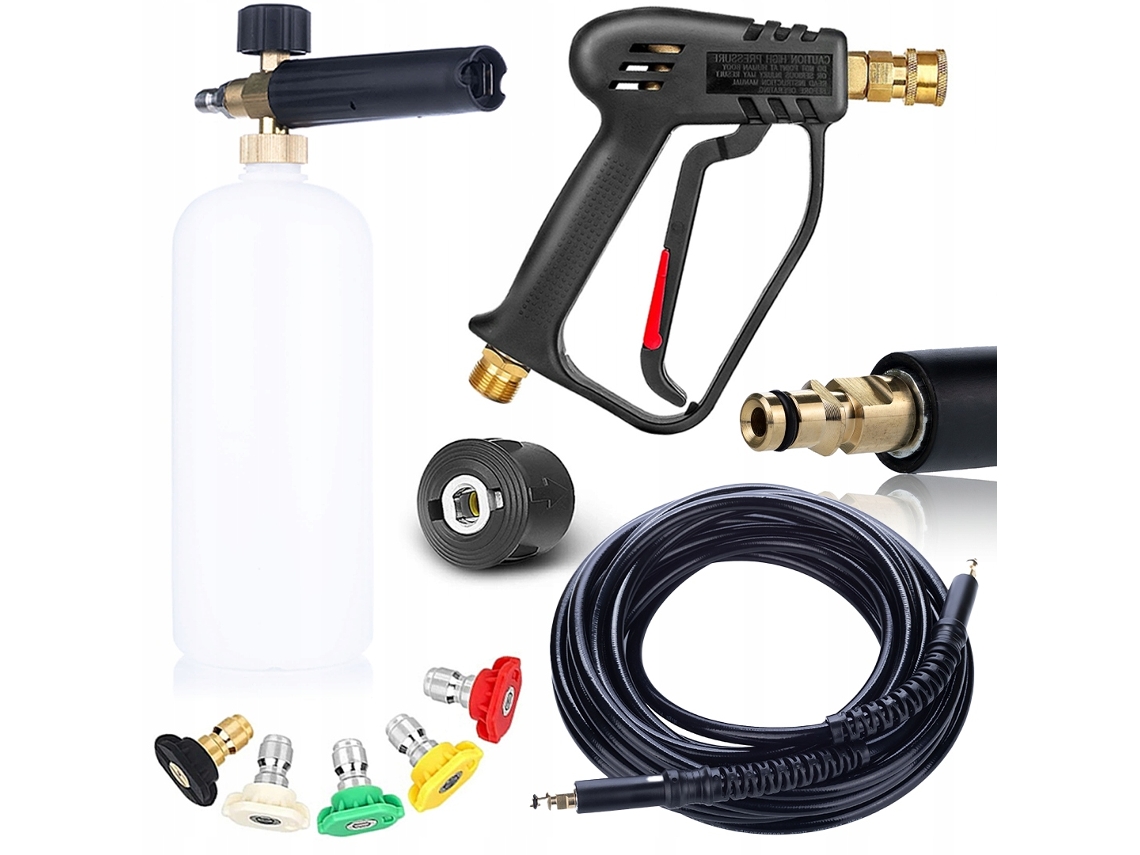 Pistola pulverizadora + manguera de 1 m + cañón de espuma | 5 boquillas | 2 bares | Compatible con hidrolimpiadoras Kärcher K2-K7