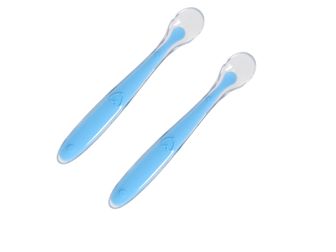 Duas Colheres de Silicone Macio para Bebês e uma Caixa Transparente de Pp Auxiliares no Treinamento da Alimentação. MDUG (azul)